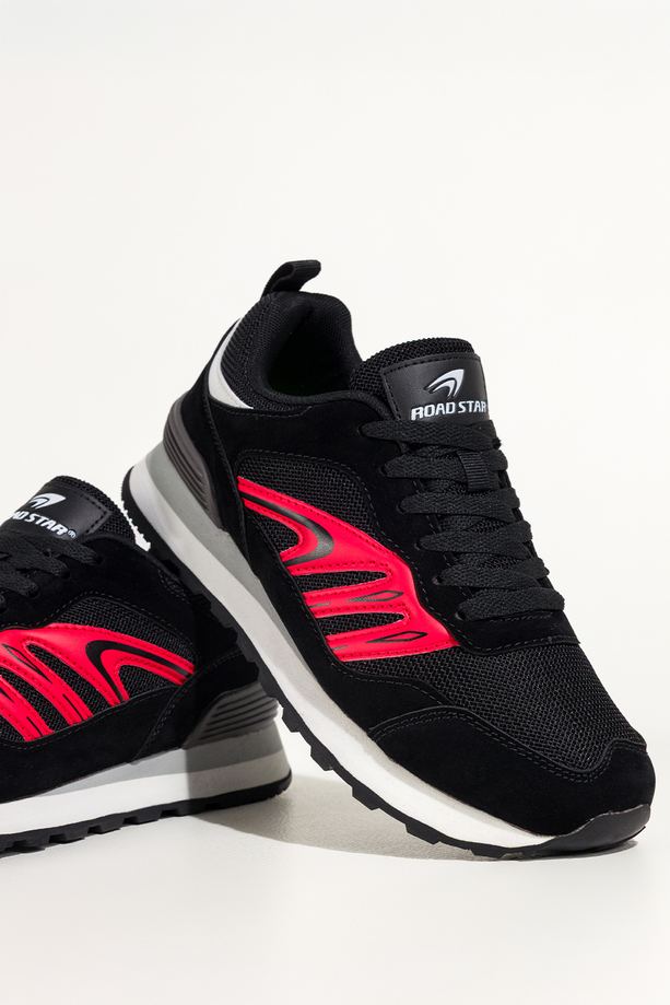 Czarne sneakersy damskie buty sportowe na żłobionej podeszwie sznurowane czerwone wstawki Casu 7398-2D