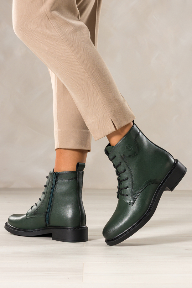 Zielone botki skórzane damskie Sergio Leone na szerokim klocku ozdobna podeszwa sznurowane YG74827-H