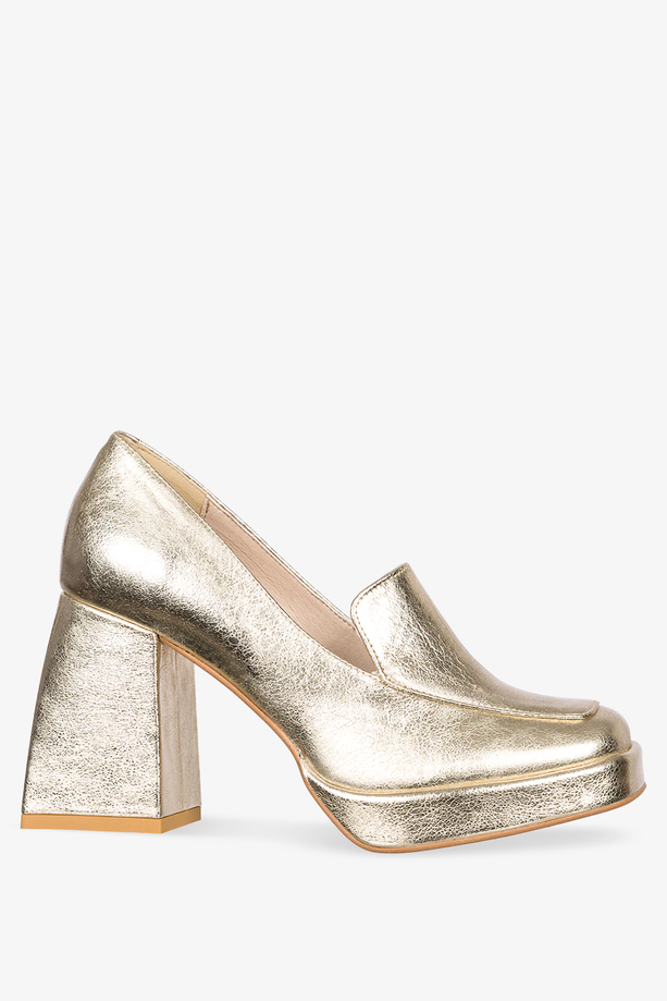 Złote mokasyny skórzane na klocku PRODUKT POLSKI Casu 3195