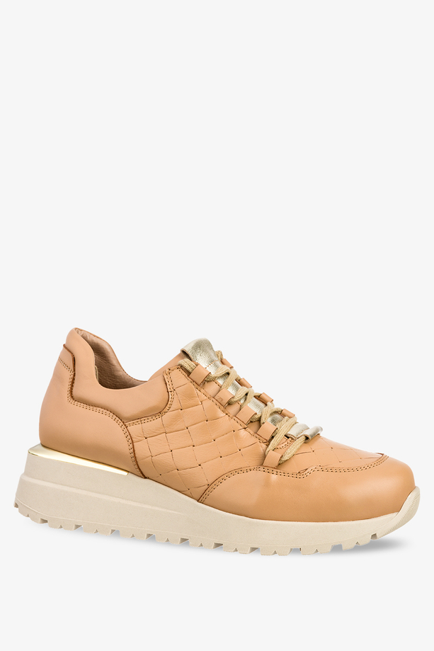 Beżowe sneakersy na koturnie buty sportowe sznurowane POLSKA SKÓRA Casu 7128