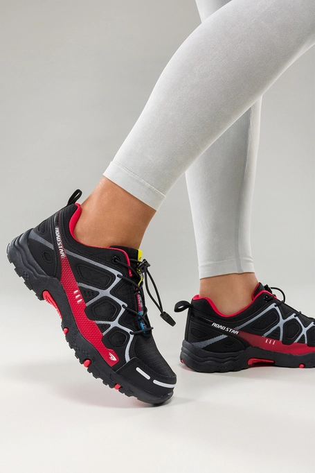 Czarne buty sportowe trekkingowe damskie na bieżnikowanej podeszwie z regulowaną elastyczną sznurówką bordowe wstawki Casu 2101-9W