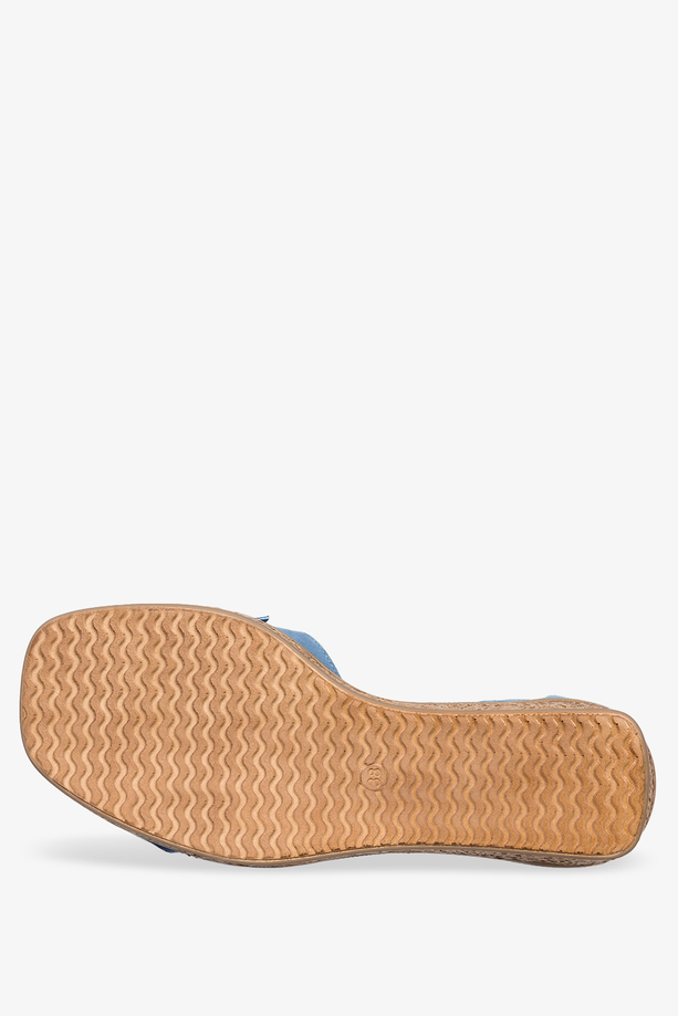 Niebieskie sandały skórzane espadryle damskie na koturnie z zakrytą piętą pasek wokół kostki kokarda PRODUKT POLSKI Casu 2651-338