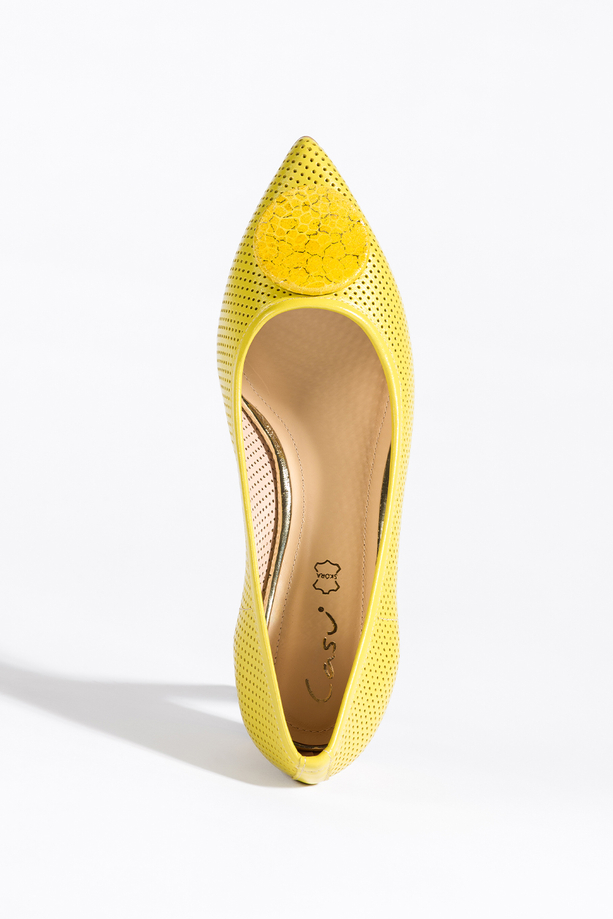 Pistacjowe czółenka skórzane damskie ażurowe na klocu z ozdobą  PRODUKT POLSKI Casu 02207-275-2842