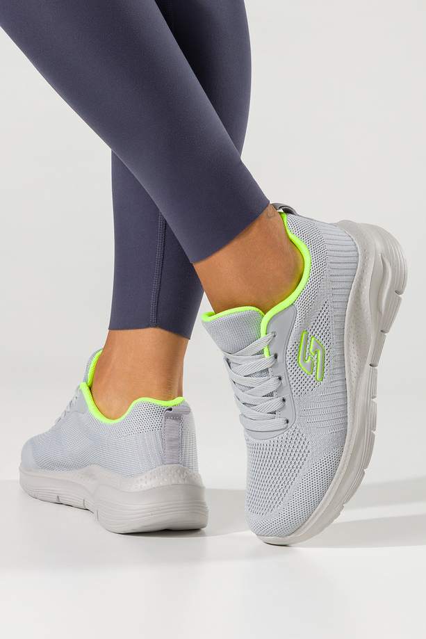 Szare sneakersy damskie buty sportowe na fitness z perforacją szara platforma seledynowe wstawki sznurowane Casu JK9321-3