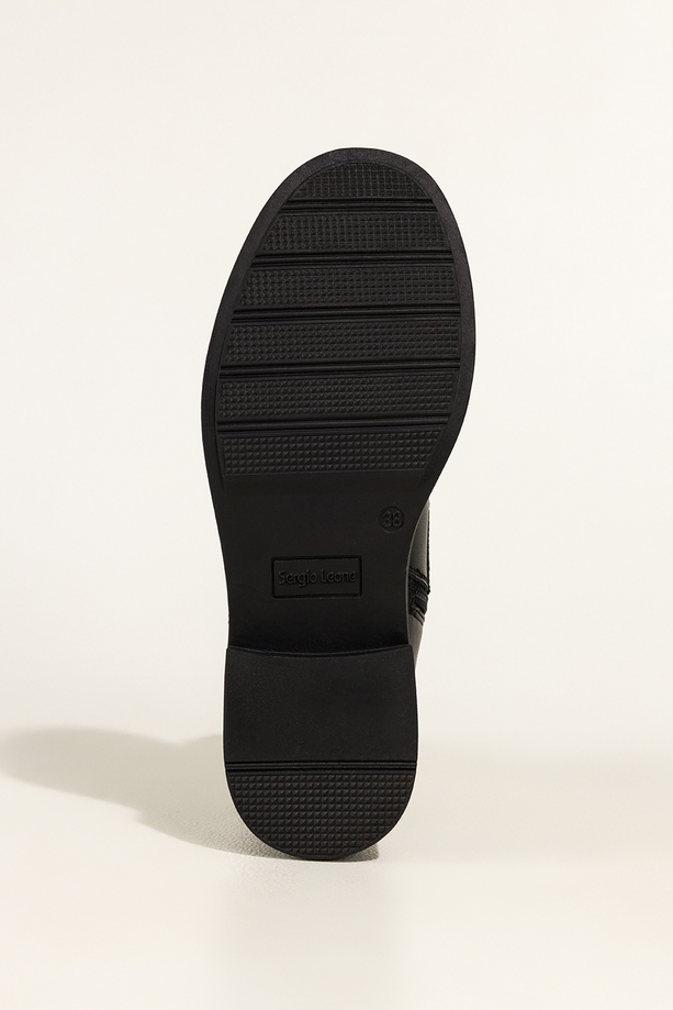 Czarne botki skórzane damskie Sergio Leone na szerokim klocku ozdobna podeszwa sznurowane YG74827-H