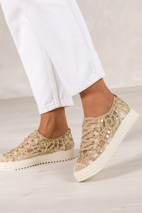 Beżowe trampki damskie sneakersy na platformie z ozdobną cholewką ze złotymi cekinami Carla 2211-4