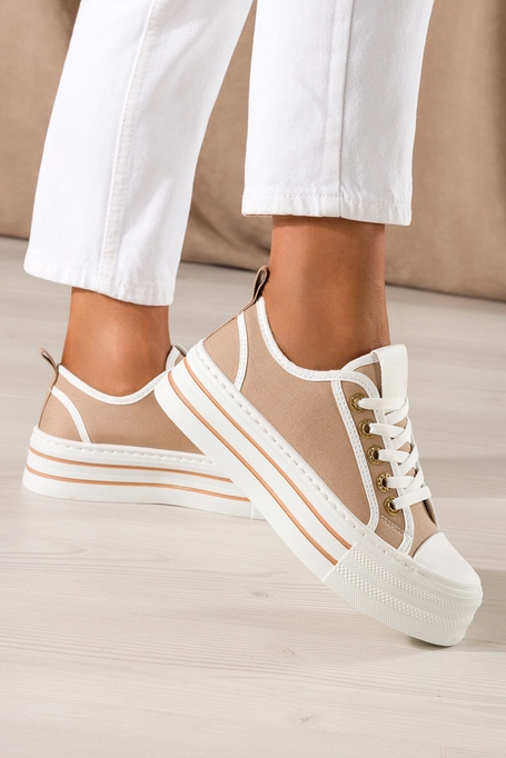 Beżowe trampki damskie sneakersy na platformie ozdobne oczka z cyrkoniami sznurowane Carla 9150