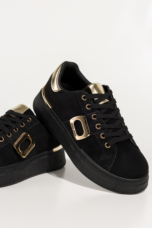 Czarne sneakersy damskie buty sportowe na platformie ze złotą ozdobą sznurowane Carla TY983