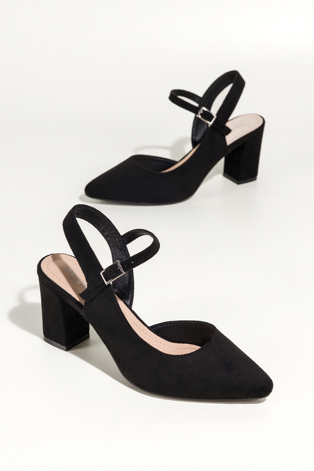 Czarne czółenka Sergio Leone na słupku z odkrytą piętą skórzana wkładka HP553