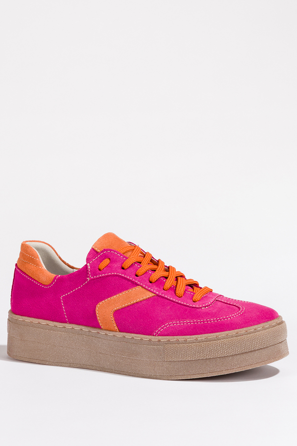 Fuksjowe sneakersy skórzane na platformie damskie buty sportowe pomarańczowe wstawki sznurowane PRODUKT POLSKI Casu N1091S2