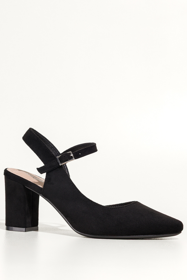 Czarne czółenka Sergio Leone na słupku z odkrytą piętą skórzana wkładka HP553