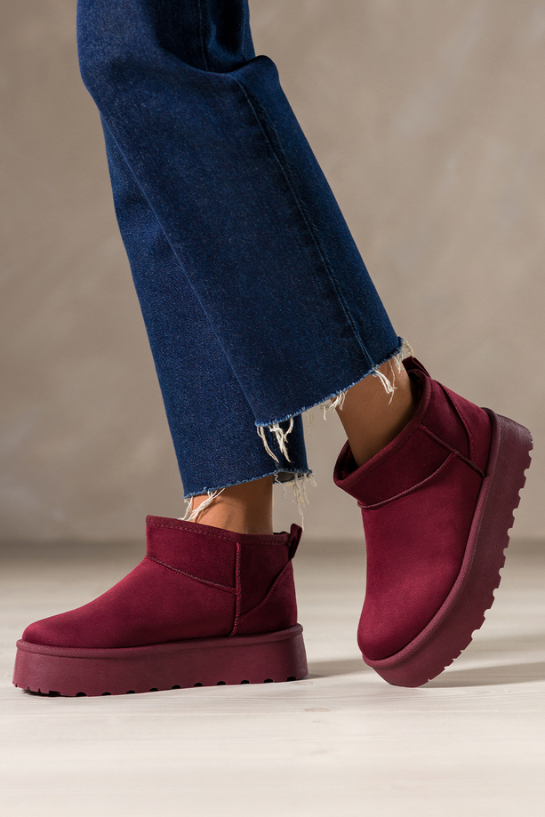 Bordowe śniegowce mukluki damskie na żłobionej platformie Casu EO758K