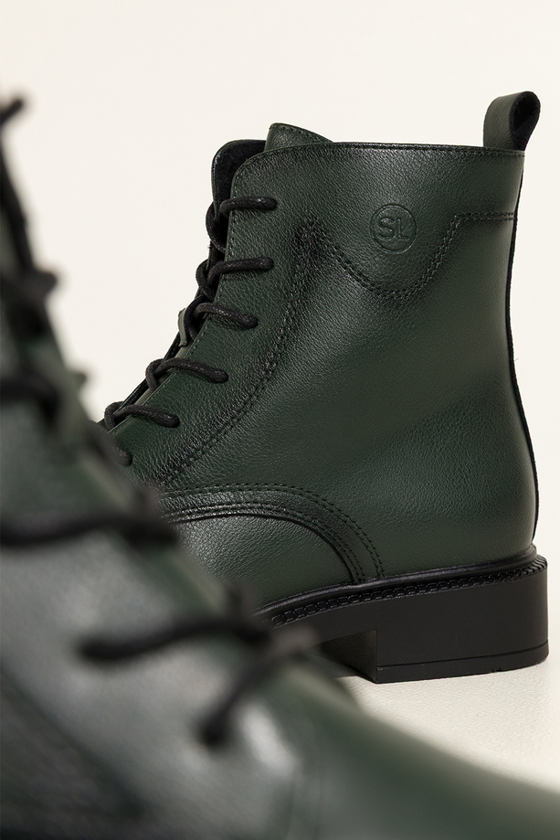 Zielone botki skórzane damskie Sergio Leone na szerokim klocku ozdobna podeszwa sznurowane YG74827-H