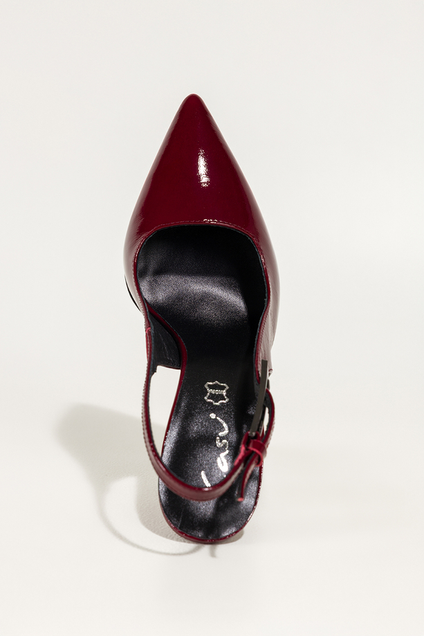 Bordowe czółenka skórzane damskie szpilki lakierowane z odkrytą piętą obcas kieliszek PRODUKT POLSKI Casu 7007-378