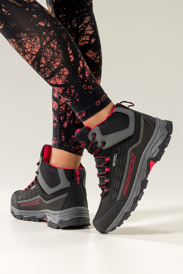 Czarne buty trekkingowe damskie z czerwonymi dodatkami sznurowane softshell Casu Y7994-6