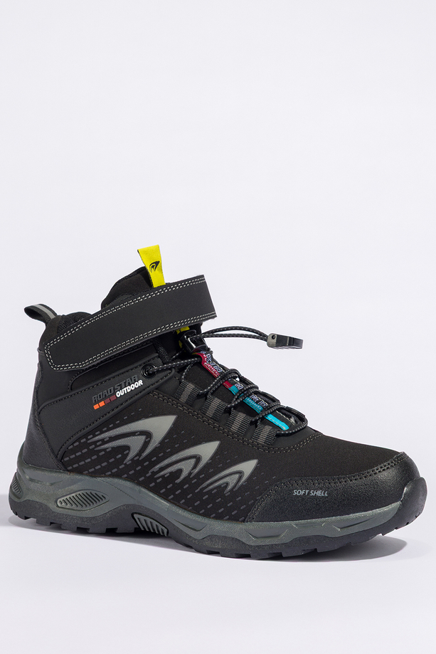 Czarne buty trekkingowe damskie na bieżnikowanej podeszwie z regulowaną elastyczną sznurówką szare wstawki softshell Casu 2310-1W