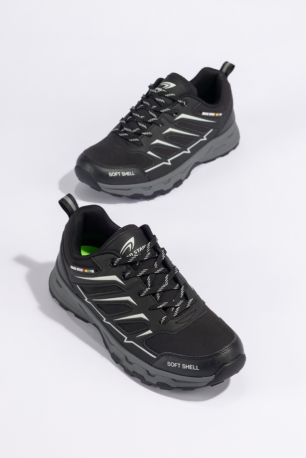 Czarne buty trekkingowe damskie buty sportowe na bieżnikowanej podeszwie sznurowane białe wstawki softshell Casu 2408-1W