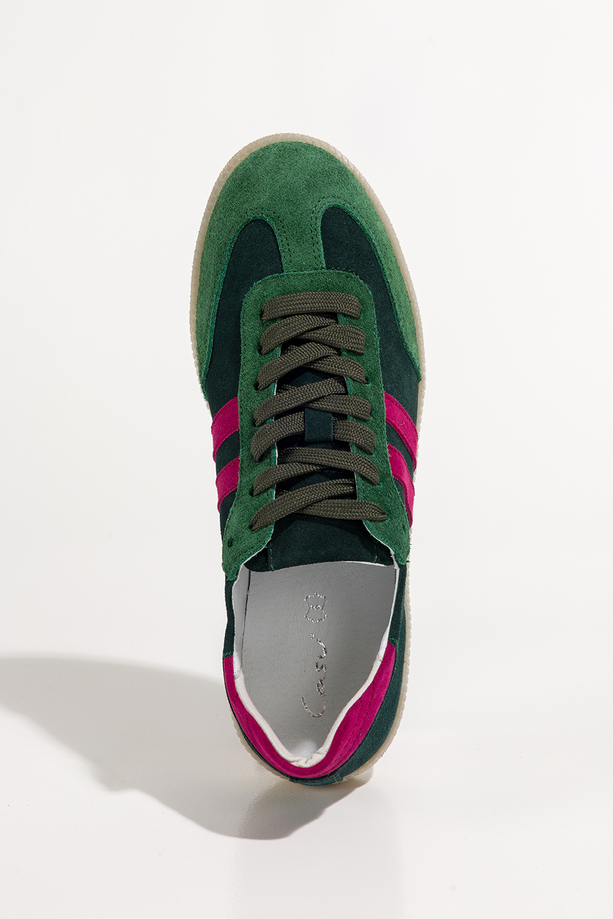 Zielone sneakersy skórzane damskie buty sportowe z fuksjowymi wstawkami sznurowane PRODUKT POLSKI Casu N1068
