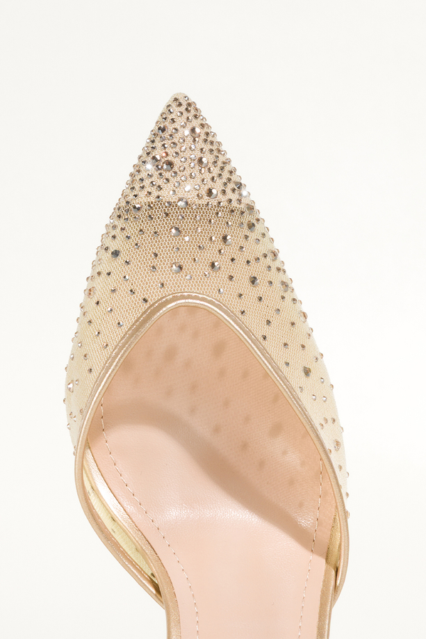 Złote czółenka damskie szpilki z siateczką ozdobione cyrkoniami odkryta pięta pasek wokół kostki obcas kieliszek Carla N874