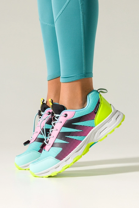 Turkusowe buty sportowe trekkingowe damskie wodoodporne na żłobionej podeszwie z regulowaną elastyczną sznurówką różowe wstawki Casu 7590-1D