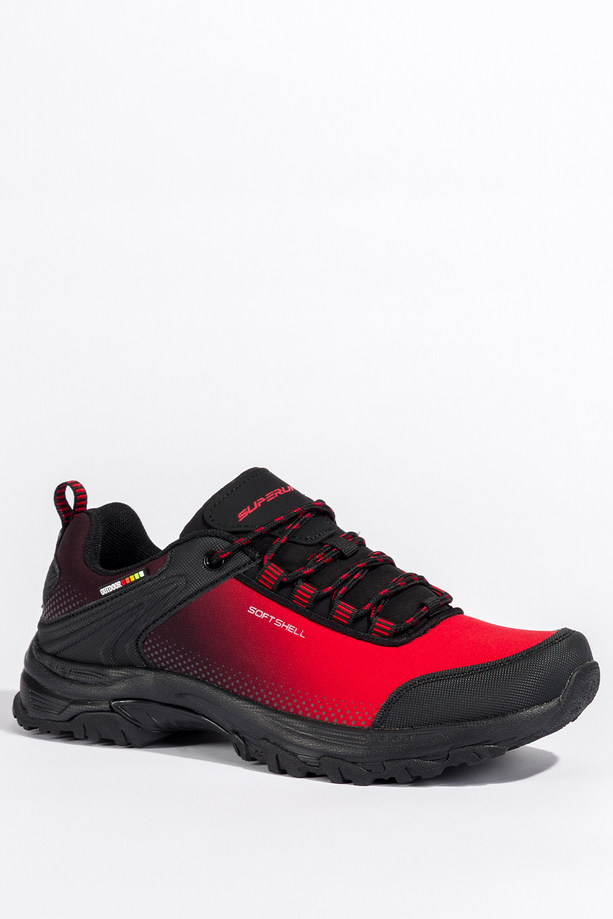 Czerwone buty trekkingowe damskie buty sportowe softshell na bieżnikowanej podeszwie sznurowane czarne wstawki Carla 8529