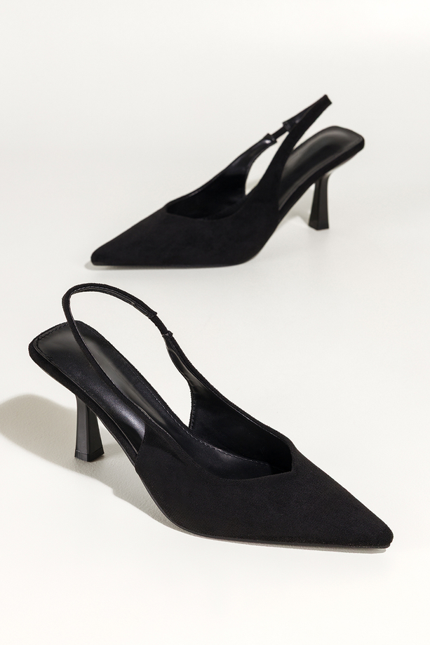 Czarne czółenka damskie szpilki z odkrytą piętą obcas kieliszek pasek z elastyczną gumą Carla 1661-719Z