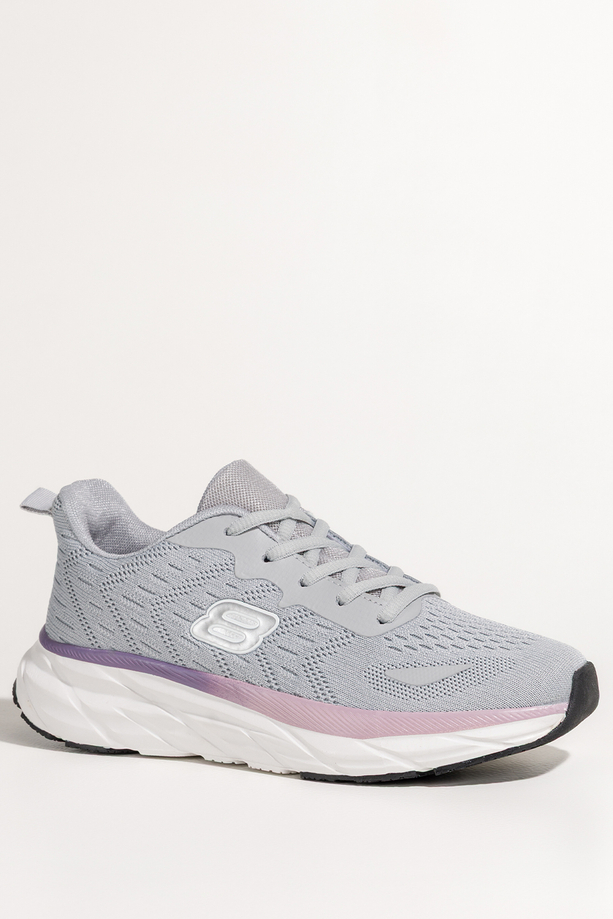 Szare sneakersy damskie buty sportowe na siłownię na białej platformie ze żłobieniami fioletowe wstawki sznurowane Casu GF-JX647