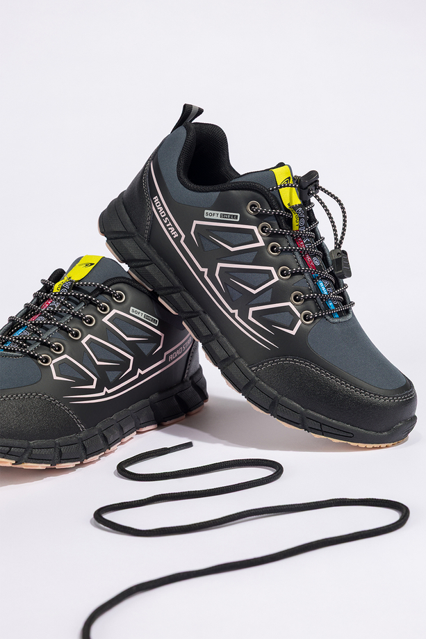 Czarne buty trekkingowe damskie buty sportowe na bieżnikowanej podeszwie z regulowaną elastyczną sznurówką różowe wstawki softshell Casu 2309-9W