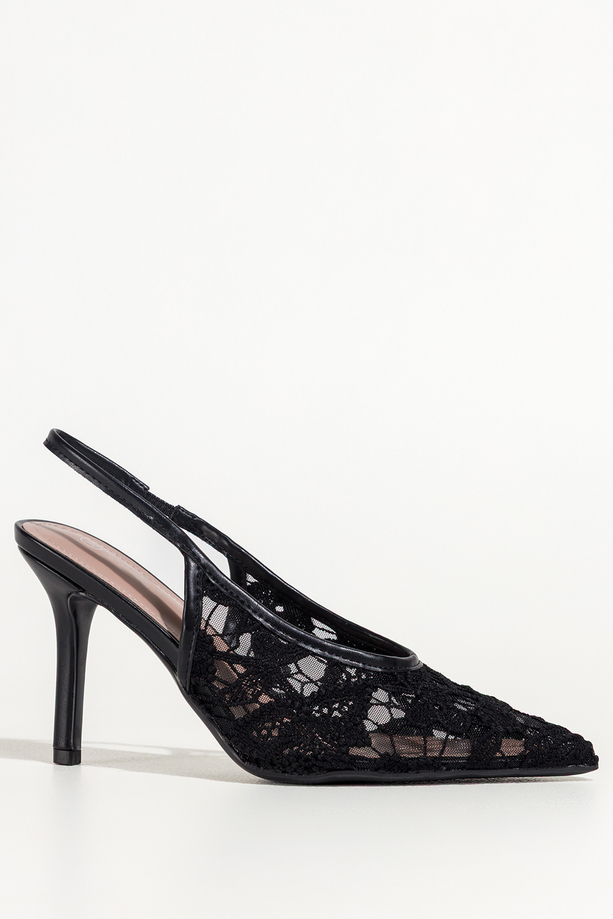 Czarne czółenka damskie szpilki koronkowe odkryta pięta guma w pasku Carla S1-8844V