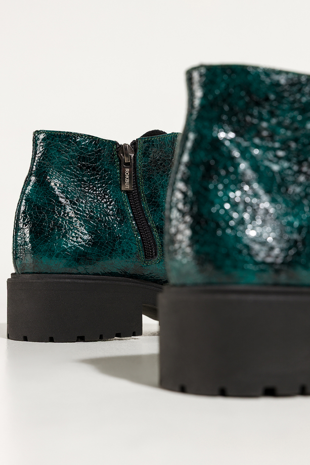 Zielone botki skórzane damskie lakierowane wzór wężowy sznurowane PRODUKT POLSKI Casu 444