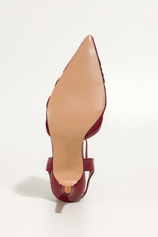 Bordowe czółenka damskie szpilki z siateczką ozdobione cyrkoniami odkryta pięta Carla N876