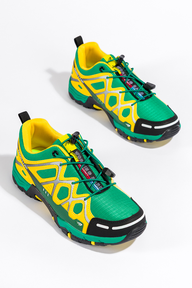 Zielone buty sportowe trekkingowe damskie na bieżnikowanej podeszwie z regulowaną elastyczną sznurówką żółte wstawki Casu 2101-4W