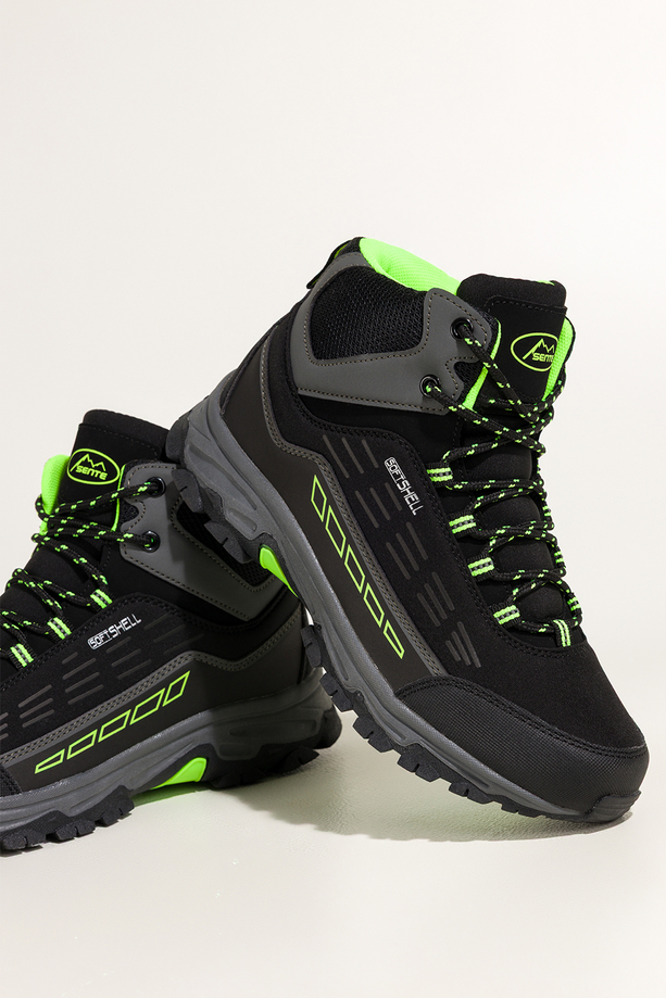 Czarne buty trekkingowe damskie z seledynowymi dodatkami sznurowane softshell Casu Y7994-7