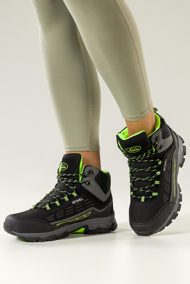 Czarne buty trekkingowe damskie z seledynowymi dodatkami sznurowane softshell Casu Y7994-7