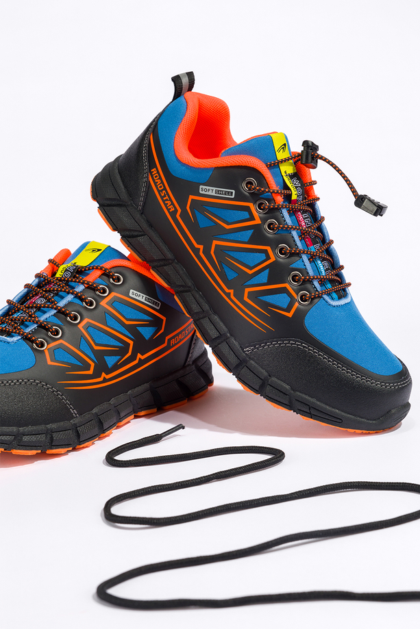 Niebieskie buty trekkingowe damskie buty sportowe na bieżnikowanej podeszwie z regulowaną elastyczną sznurówką pomarańczowe wstawki softshell Casu 2309-6W