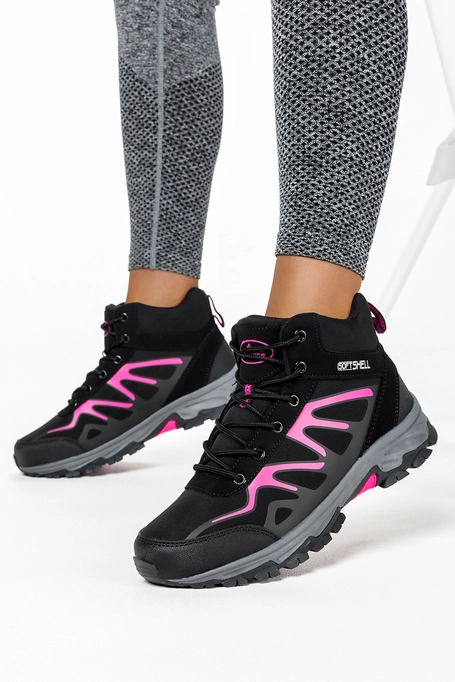 Czarne buty trekkingowe damskie z różowymi wstawkami sznurowane softshell Casu B2109-5
