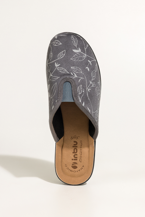Szare kapcie damskie Inblu obuwie domowe guma w cholewce wzór liści wkładka soft XU999950