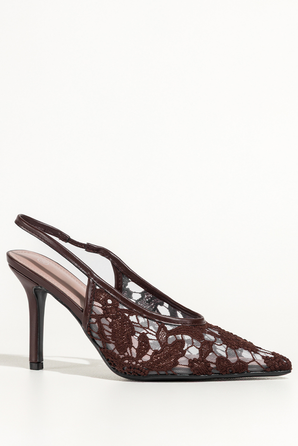 Czekoladowe czółenka damskie szpilki koronkowe odkryta pięta guma w pasku Carla S1-8844V