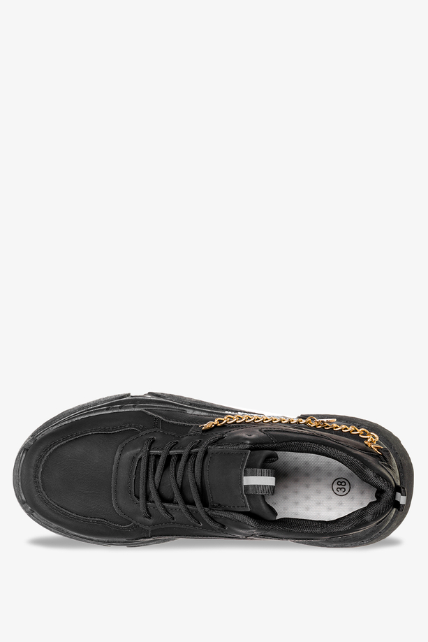 Czarne sneakersy na platformie ze złotym łańcuszkiem buty sportowe sznurowane Casu SJ2102-1