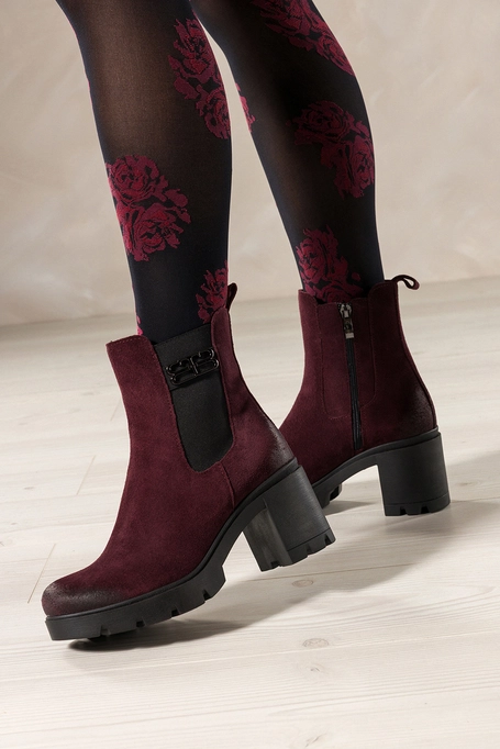 Bordowe botki skórzane damskie na szerokim klocku z gumą stalowa ozdoba PRODUKT POLSKI Casu 39602