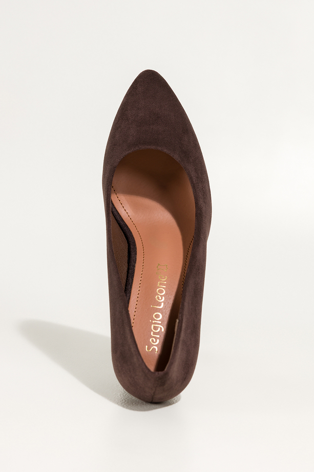 Czekoladowe szpilki damskie Sergio Leone z zamszu ekologicznego skórzana wkładka 8663