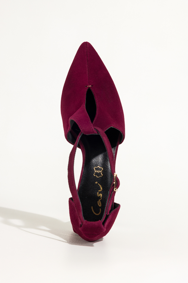 Bordowe czółenka skórzane damskie na ozdobnym klocku pasek wokół kostki PRODUKT POLSKI Casu 7690-656