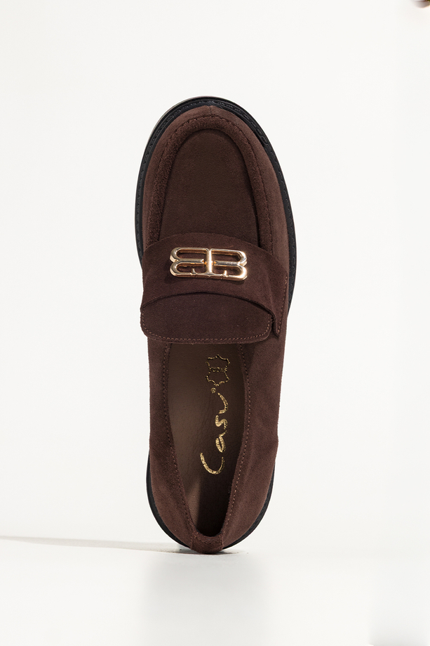 Czekoladowe mokasyny skórzane damskie ze złotą ozdobą PRODUKT POLSKI Casu 79825