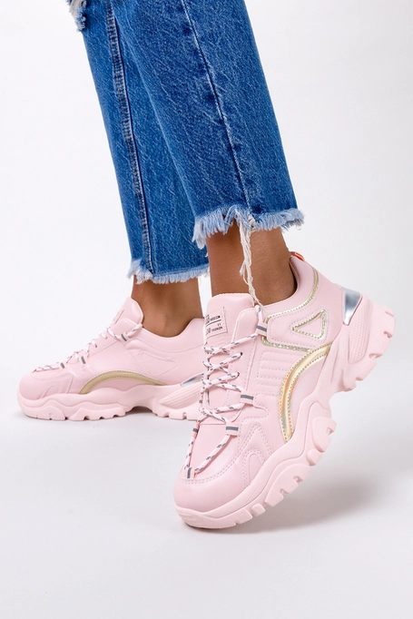 Różowe sneakersy na platformie buty sportowe sznurowane holograficzny pasek Casu 11-10-21-P