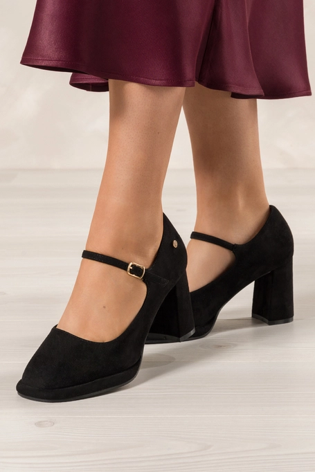 Czarne czółenka damskie Mary Jane z paskiem na słupku i niskiej platformie skórzana wkładka Casu ER24WX18-B