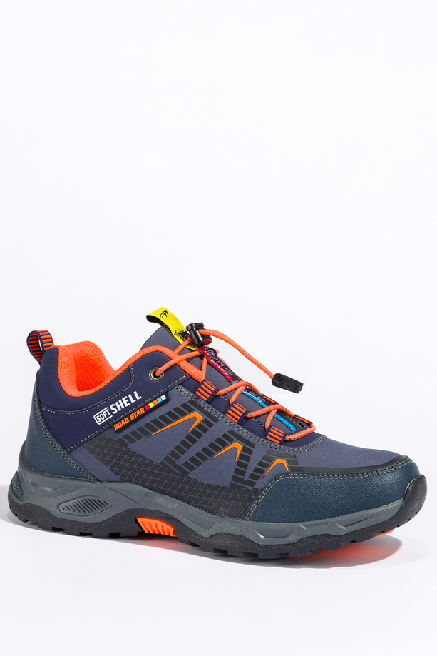 Granatowe buty trekkingowe damskie buty sportowe na bieżnikowanej podeszwie z regulowaną elastyczną sznurówką pomarańczowe wstawki softshell Casu 2213-5W