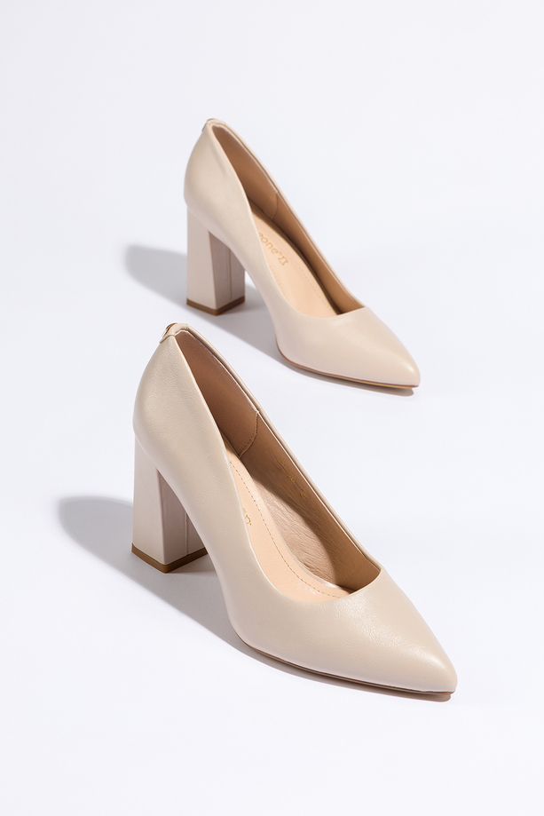 Beżowe czółenka damskie Sergio Leone na słupku skórzana wkładka PB216-CA