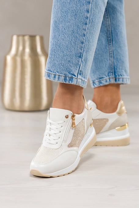 Białe sneakersy damskie sportowe półbuty na koturnie z cyrkoniami sznurowane ze złotymi dodatkami skórzana wkładka Casu JW25X10-W