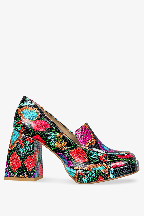 Wielokolorowe mokasyny skórzane na klocku wzór wężowy PRODUKT POLSKI Casu 3195-R