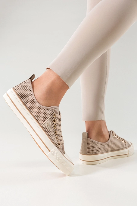 Beżowe trampki damskie ażurowe sneakersy na platformie sznurowane ozdoba na cholewce Carla QY838-63